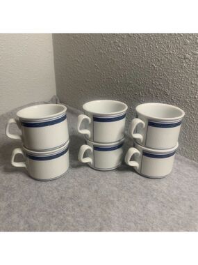 DANSK Set of Six New Scandia Stacking Mugs Blue Lattice Design Porcelain 3x4.5”